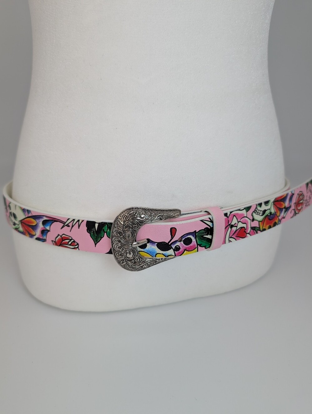 Ed Hardy Rhinestone Belt Pink With Tattoo Styled Skull Roses Western Buckle M/L
